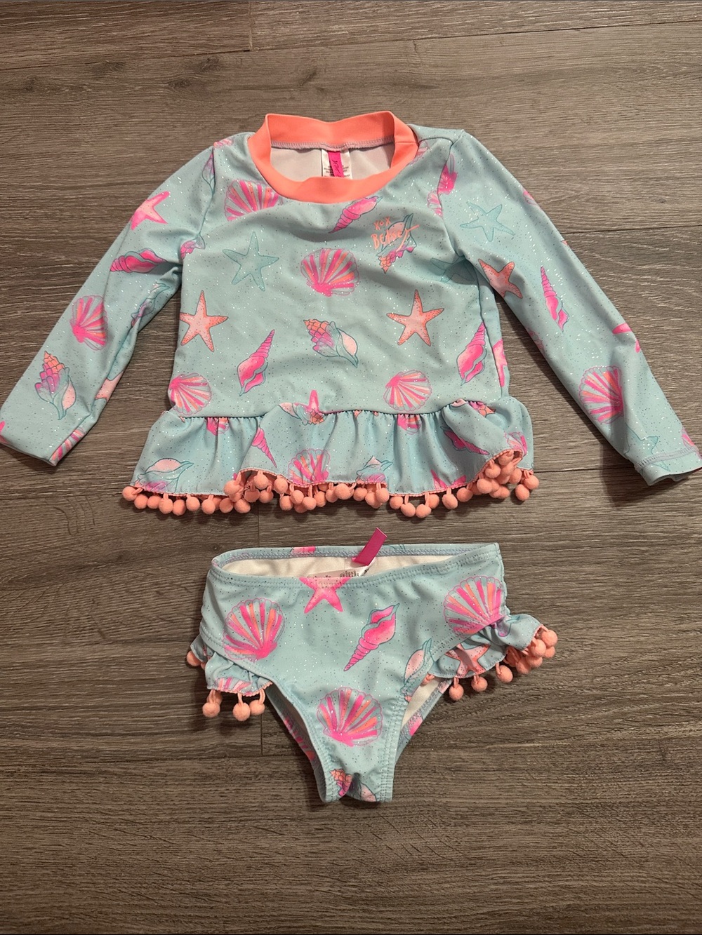 Betsey Johnson Mint and Coral Pom-Pom Rashguard Two-Piece Swim Set